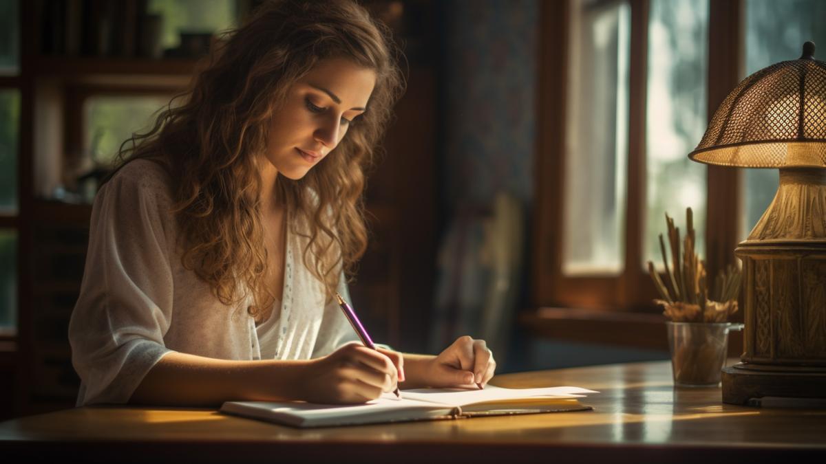 arafed-woman-writing-notebook-desk-with-lamp-generative-ai_89016200