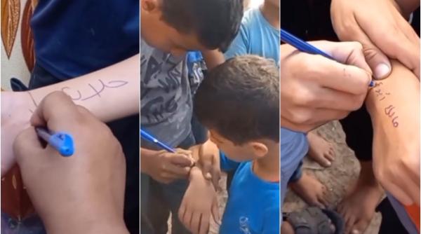 VIDEO emoționant: Copiii din Gaza își scriu numele pe mâini ca să poată fi identificați în caz de atac aerian. O secvență „crudă și inumană”