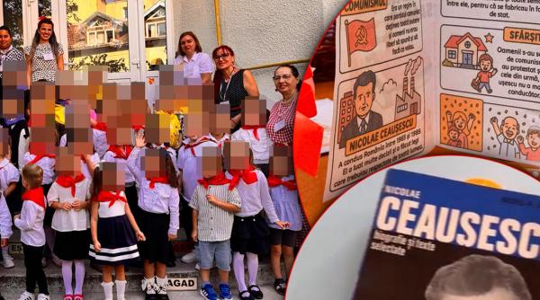 Copii îmbrăcați în uniforme de „Șoimi ai patriei”, inspirate din comunism, la grădiniță